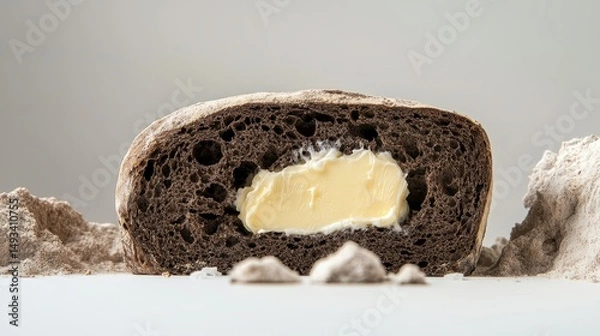 Fototapeta Freshly Baked Dark Bread Slice with Creamy Butter Spread on Neutral Background