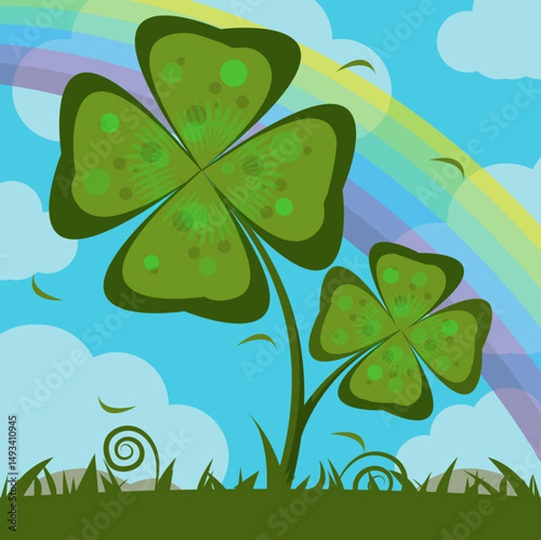 Fototapeta Stylized vector image of a four-leaf clover on a background of sky and rainbow. A leaf that brings good luck, an Irish belief

