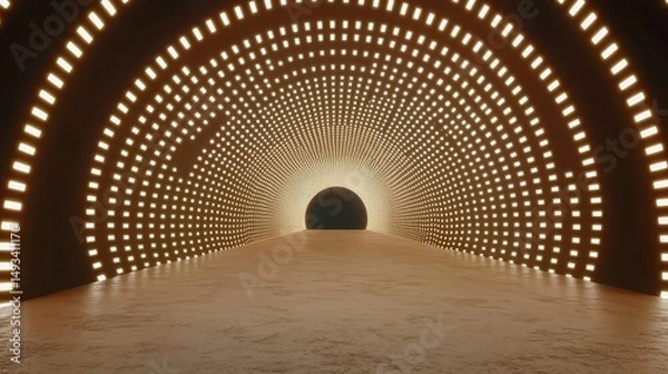 Fototapeta Illuminated Tunnel with Bright Lights Leading to a Dark Opening in a Futuristic Environment