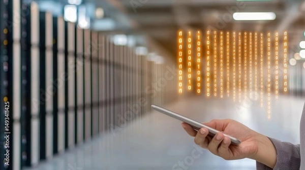 Fototapeta Hand Holding Smartphone with Binary Code Overlay in Modern Data Center Environment