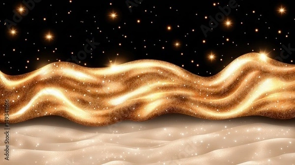 Fototapeta Shimmering Gold Waves Over Soft Beige Surface with Sparkling Stars in a Dark Background