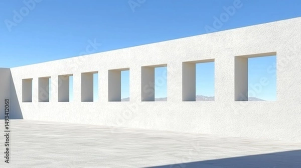 Fototapeta Minimalist White Wall with Square Windows Against Clear Blue Sky and Bright Sunlight in Outdoor Setting