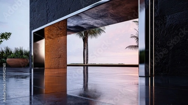 Fototapeta Modern Minimalist Architecture Design Featuring Elegant Outdoor View with Reflection and Nature Elements