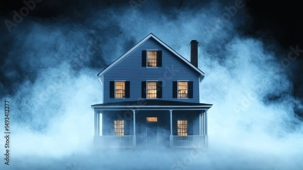 Fototapeta Mysterious House in Foggy Atmosphere with Lit Windows and Dark Background at Night