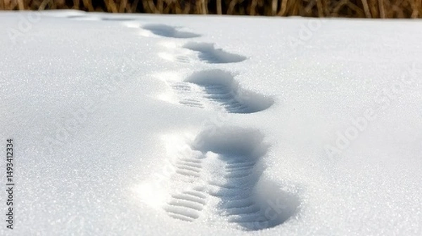 Fototapeta Fresh Tracks in Snow Show Nature's Footprints on a Serene Winter Day in Wilderness Landscape