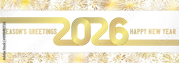 Fototapeta Season's greetings and A Happy New Year horizontal banner with golden fireworks and creative text design. Editable gold frame, white backdrop. Merry Christmas congrats template. Set of shiny glitters.