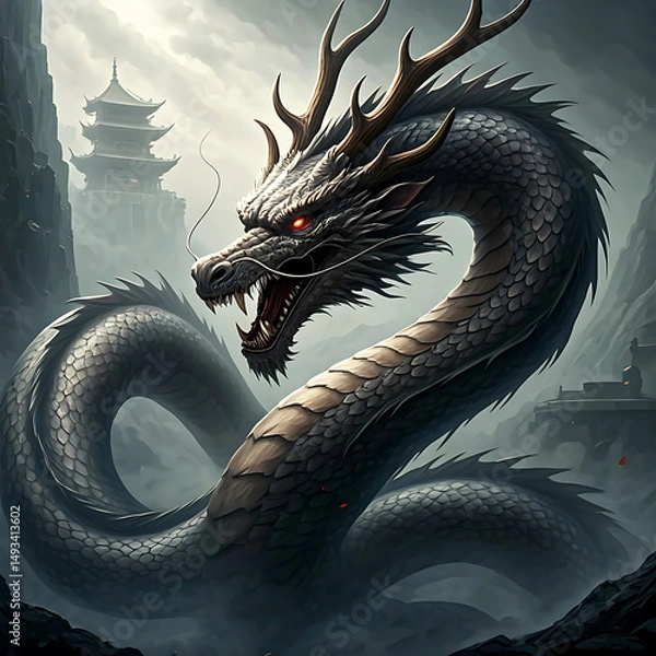 Obraz Powerful angry Japanese dragon art for printing and decoration and other crate. objects, valley, concept, concept strong, long, tail, long tail, novel, snake, black, castle, hill, palivion, strong  .	