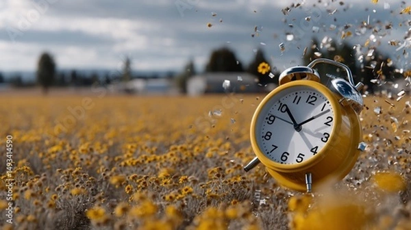 Fototapeta Yellow alarm clock shatters in field of flowers, signifying fleeting time