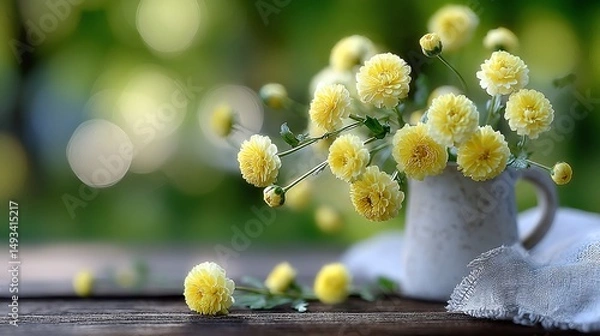Fototapeta Yellow pompom flowers in rustic vase, sunlight streaming, blurred green backdrop