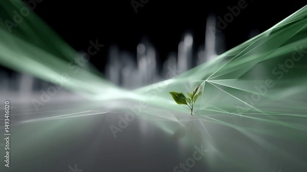 Fototapeta Young sprout grows amidst abstract, futuristic background with digital, green network