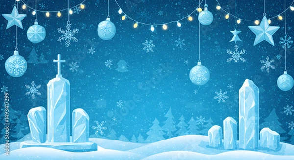 Fototapeta Winter Pixel Art Scene With Icy Monuments Adorned With Christmas Decorations And Falling Snow