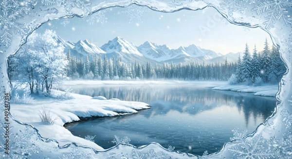 Fototapeta Winter Landscape Scene with Snowy Lake Trees and Mountain Range Under Blue Sky