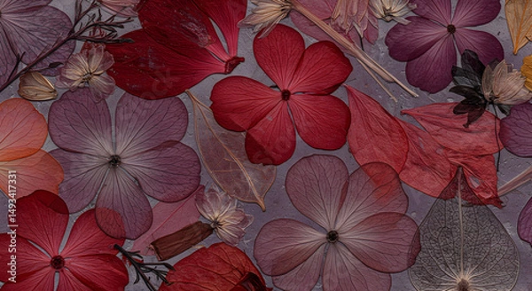 Fototapeta Close Up View Of Pressed Red Purple Petals And Leaves On Neutral Surface Displaying Floral Pattern Texture