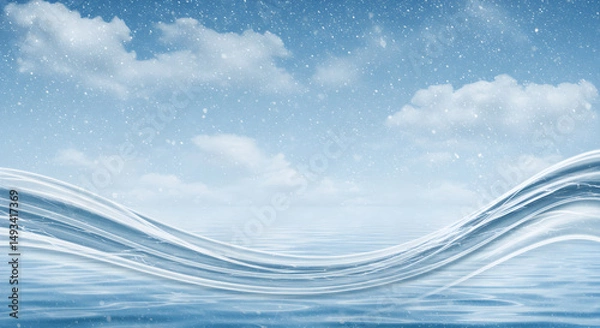 Fototapeta Winter Snowfall Over Blue Water Surface with Animated Light Effects and Cloudy Sky
