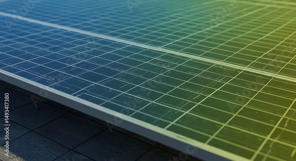 Fototapeta Close-Up View Of Solar Panel Showing Blue And Green Gradient With Grid Pattern Texture