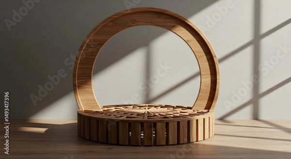Fototapeta Wooden Architectural Structure With Circular Arch And Podium Against A Neutral Wall With Sunlight And Shadows