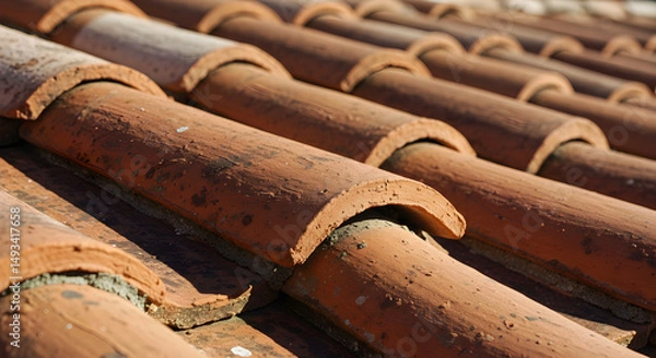 Fototapeta Close Up View Of Weathered Terracotta Roof Tiles Arranged In Rows Under Bright Daylight