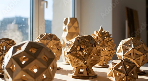 Fototapeta Wooden Geometric Sculptures Displayed In Studio Lit By Natural Light Displaying Intricate Forms And Textures