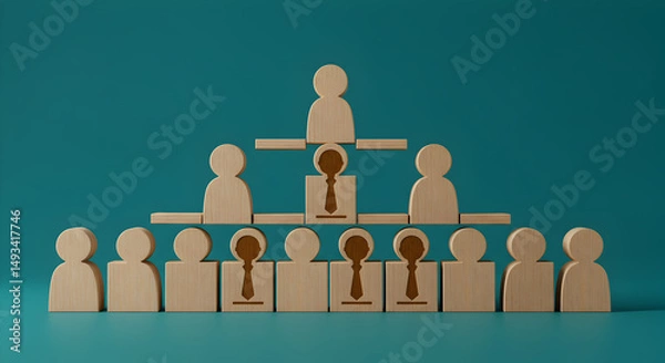 Fototapeta Wooden Figure Hierarchy On Teal Background Representing Teamwork And Organization