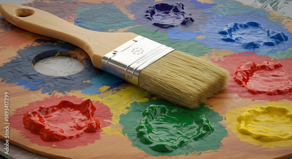 Fototapeta Wooden Palette Displaying Various Colors of Oil Paint With A Clean Paintbrush on Top