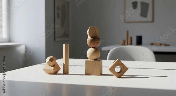 Fototapeta Wooden Geometric Shapes on White Table in a Minimalist Room with Neutral Tones and Soft Lighting