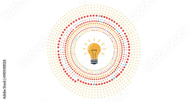 Fototapeta Yellow Lightbulb Center Surrounded By Concentric Colorful Dot Circles On White Background