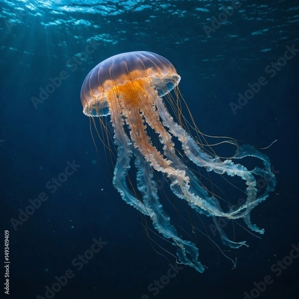 Obraz "A realistic underwater shot of a jellyfish floating gracefully, translucent body glowing in the deep blue sea, particles suspended in water, bioluminescent effect"
