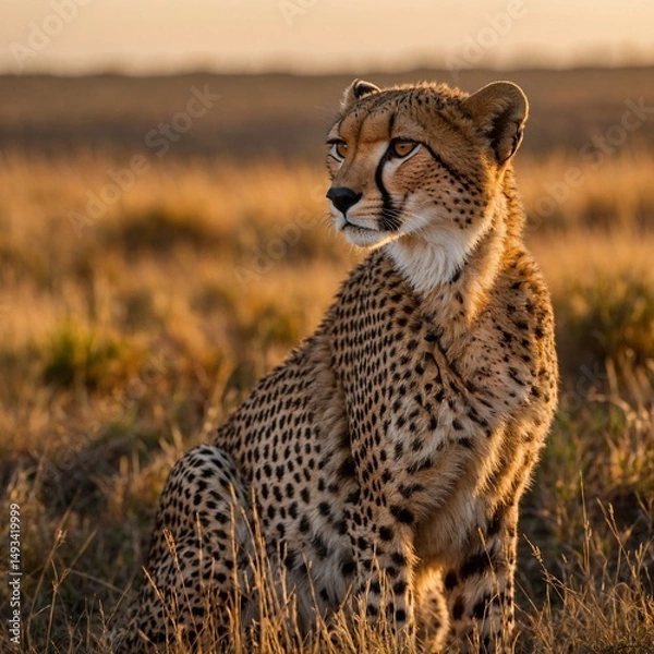 Obraz "A cheetah sitting on a grassy hill, scanning the horizon during golden hour, detailed fur patterns and lean muscles visible, warm tones of the savannah glowing around"