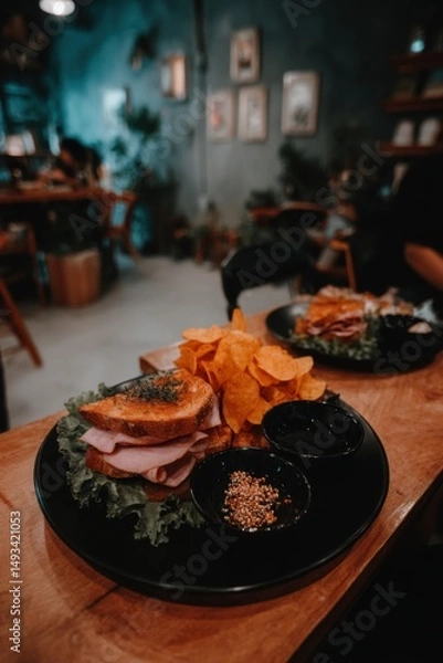 Fototapeta Ham sandwich with potato chips on a black plate at a cafe table overhead shot food photography culinary lunch delicious