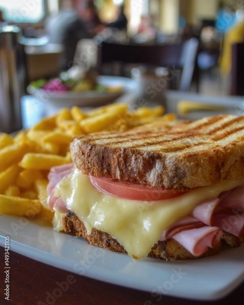 Fototapeta Close up of a ham and cheese sandwich with french fries on a white plate in a restaurant setting daytime