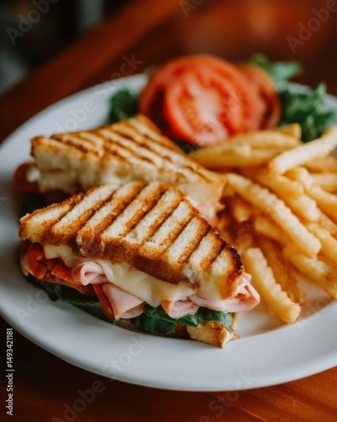 Fototapeta Grilled Ham and Cheese Sandwich with French Fries and Tomato Slice on Plate Close Up Still Life