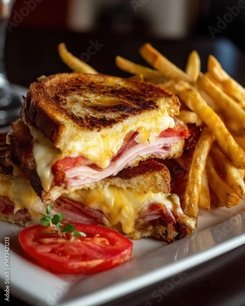 Fototapeta Grilled cheese sandwich with ham and tomato served with fries on a white plate close up studio shot