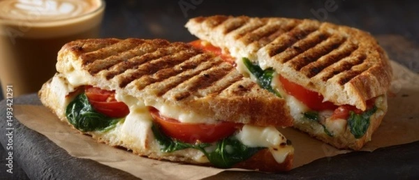 Fototapeta Close up of Grilled Panini Sandwich with Fresh Mozzarella Tomato and Spinach Served with Latte on Dark Background