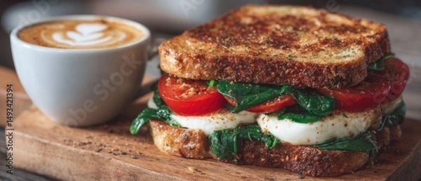 Fototapeta Close Up of Grilled Sandwich with Mozzarella Tomato and Spinach Served with Latte on Wooden Board