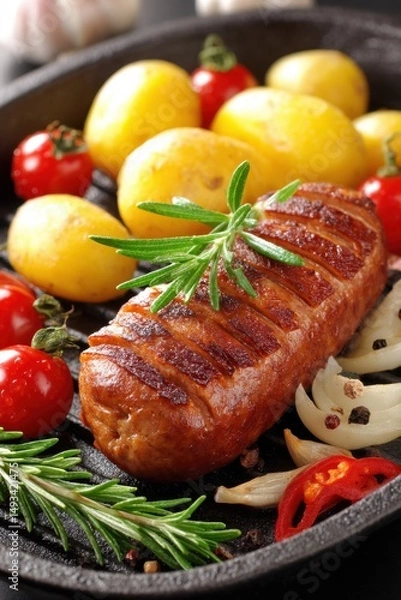 Fototapeta Grilled Sausage with Potatoes and Tomatoes on a Cast Iron Pan Close Up Delicious Meal Preparation