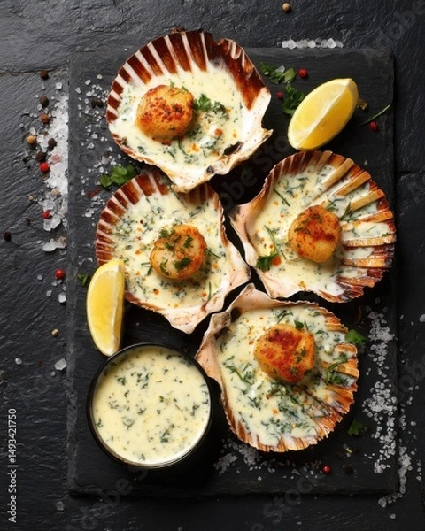 Fototapeta Seared scallops in shells with creamy sauce and lemon wedges on black slate overhead seafood dish