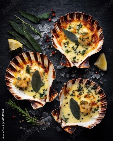 Fototapeta Baked scallops in shell with sage and lemon wedges overhead studio shot on black slate background gourmet seafood