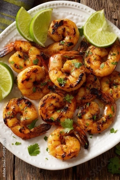 Fototapeta Grilled Shrimp Plate with Lime Wedges Overhead Shot Delicious Seafood Cuisine on Rustic Wood Tabletop