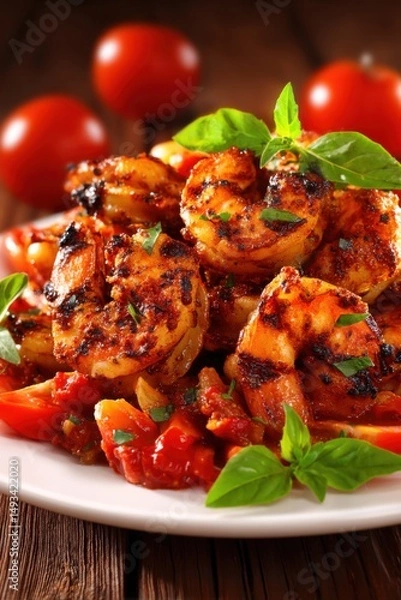 Fototapeta Grilled Shrimp Scampi with Tomato and Basil on White Plate Overhead Close Up Shot Delicious Gourmet Food