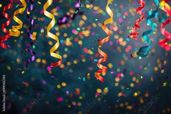 Fototapeta A vibrant assortment of colorful ribbons and confetti is flying high in the air