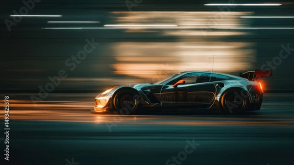 Fototapeta A dynamic side-profile shot of a carbon fiber racing car speeding under an overpass, casting shadows and streaks of reflected light on its aerodynamic body.