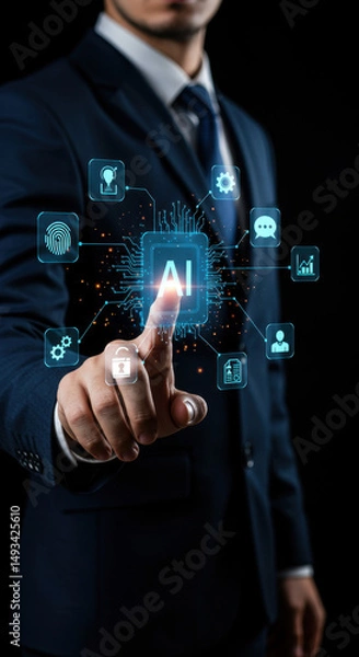 Obraz AI Innovation: Businessman Touching Artificial Intelligence Interface for Future Technology Solutions & Smart Business.