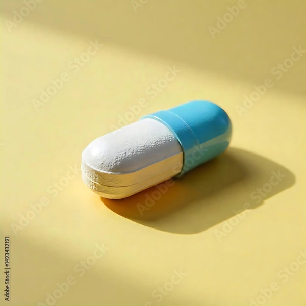 Fototapeta Single capsule pill on yellow background