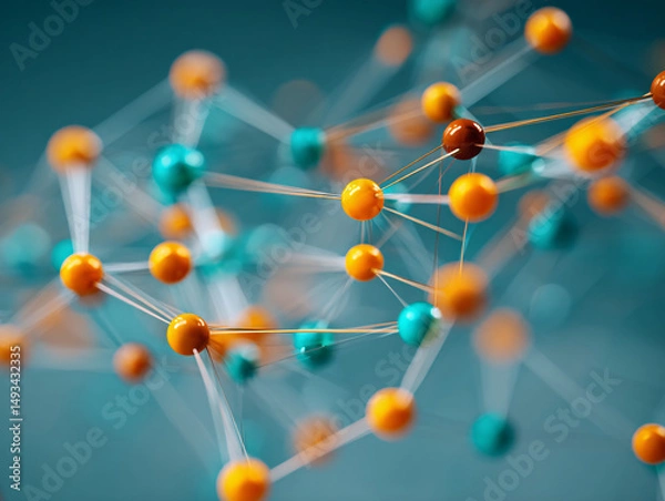 Fototapeta De-focused molecule 3d render, nodes and network grid in teal and orange. Networking, communication, scientific graphic.