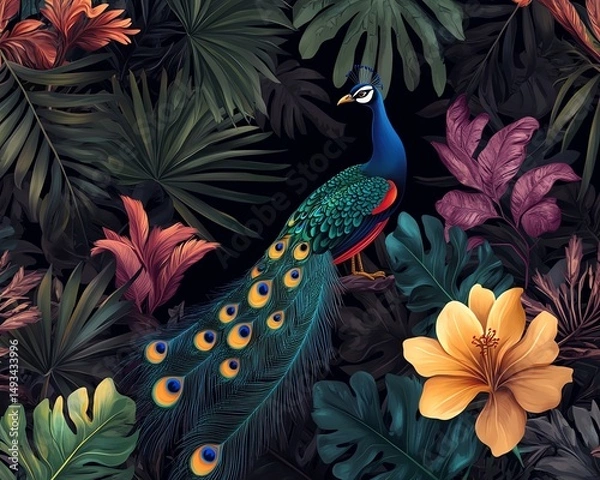 Fototapeta Tropical forest with peacock, parrot, palm tree, plants, dark jungle seamless pattern illustration