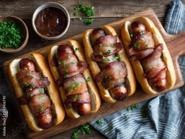 Fototapeta Overhead close-up of bacon-wrapped hot dogs in buns on wooden board with sauce and herbs for food photography