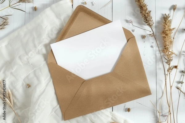 Fototapeta A typical brown envelope containing a separate white card inside of it