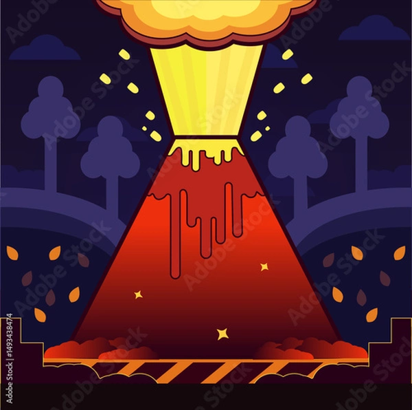 Fototapeta Stylized vector image of an erupting volcano. Bright lava erupts from the vent
