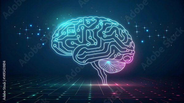 Obraz Futuristic Neon Brain Illustration with Circuit Patterns and Glows