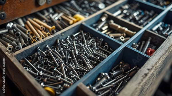 Obraz Detailed Close-Up of Assorted Metal Screws and Fasteners in Drawer